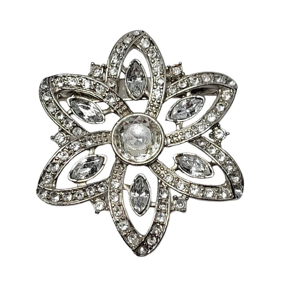 Brooch Pin Clear Rhinestone Flower Bloom Silver‎ Tone Retro 60's Costume